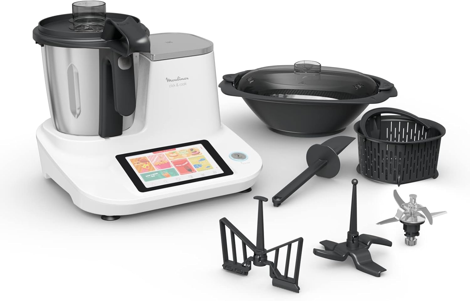 Moulinex HF506111 Click &amp; Cook Robot da Cucina Multifunzione, 1400 W, 3.6L, da 30 a 120 °C, Schermo Touch, 32 Funzioni, 10 Programmi Automatici, Modalità Manuale, con 600 Ricette